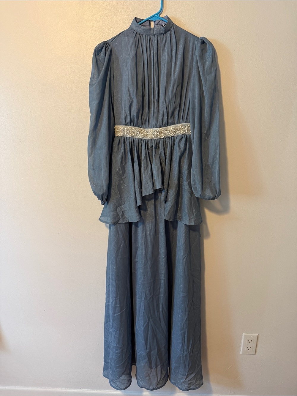 SHEIN Slate Blue Long Sleeve Maxi Dress with Beaded Waistband